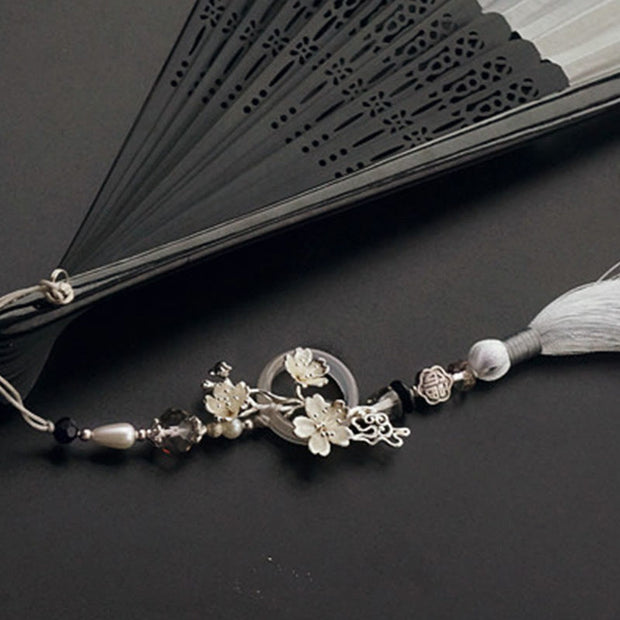 Buddha Stones Ink Gradient Hollow Rib Plum Bossom Tassel Silk Handheld Bamboo Folding Fan Folding Fan BS 13