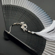 Buddha Stones Ink Gradient Hollow Rib Plum Bossom Tassel Silk Handheld Bamboo Folding Fan