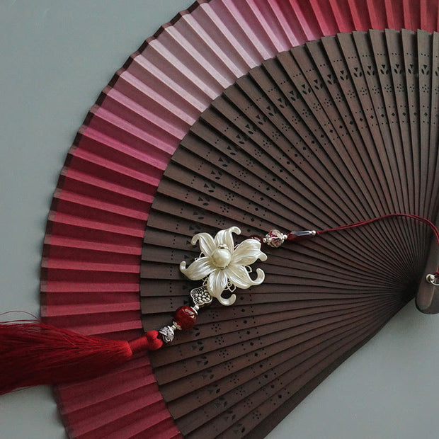 Buddha Stones Red Lily Tassel Hollow Rib Silk Handheld Bamboo Folding Fan Folding Fan BS 7