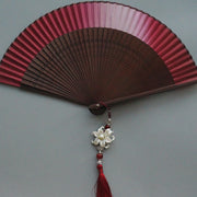 Buddha Stones Red Lily Tassel Hollow Rib Silk Handheld Bamboo Folding Fan