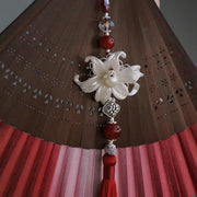 Buddha Stones Red Lily Tassel Hollow Rib Silk Handheld Bamboo Folding Fan