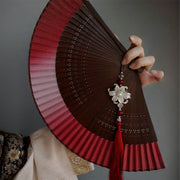 Buddha Stones Red Lily Tassel Hollow Rib Silk Handheld Bamboo Folding Fan Folding Fan BS main