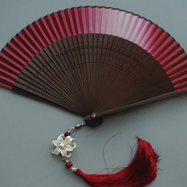 Buddha Stones Red Lily Tassel Hollow Rib Silk Handheld Bamboo Folding Fan