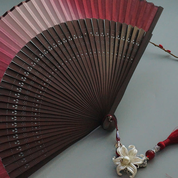 Buddha Stones Red Lily Tassel Hollow Rib Silk Handheld Bamboo Folding Fan