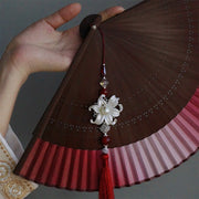 Buddha Stones Red Lily Tassel Hollow Rib Silk Handheld Bamboo Folding Fan