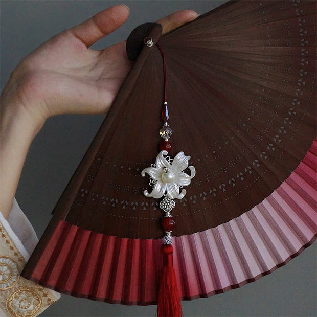 Buddha Stones Red Lily Tassel Hollow Rib Silk Handheld Bamboo Folding Fan Folding Fan BS 8