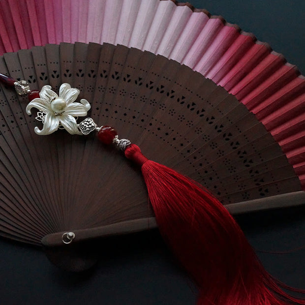 Buddha Stones Red Lily Tassel Hollow Rib Silk Handheld Bamboo Folding Fan