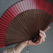 Buddha Stones Red Lily Tassel Hollow Rib Silk Handheld Bamboo Folding Fan Folding Fan BS 5