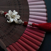 Buddha Stones Red Lily Tassel Hollow Rib Silk Handheld Bamboo Folding Fan Folding Fan BS 10