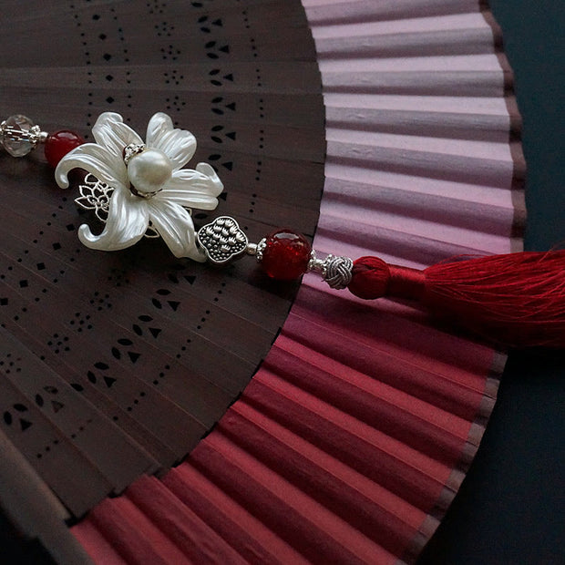 Buddha Stones Red Lily Tassel Hollow Rib Silk Handheld Bamboo Folding Fan