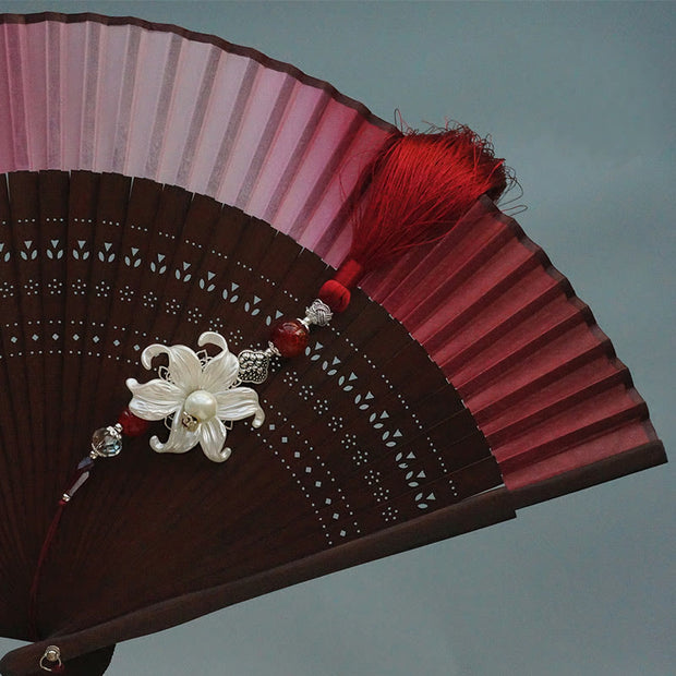 Buddha Stones Red Lily Tassel Hollow Rib Silk Handheld Bamboo Folding Fan