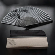 Buddha Stones Ink Bamboo Polyester Handheld Bamboo Folding Fan Folding Fan BS Ink Bamboo 21cm-With Brocade Box&Fan Cover(Pre-Sale)