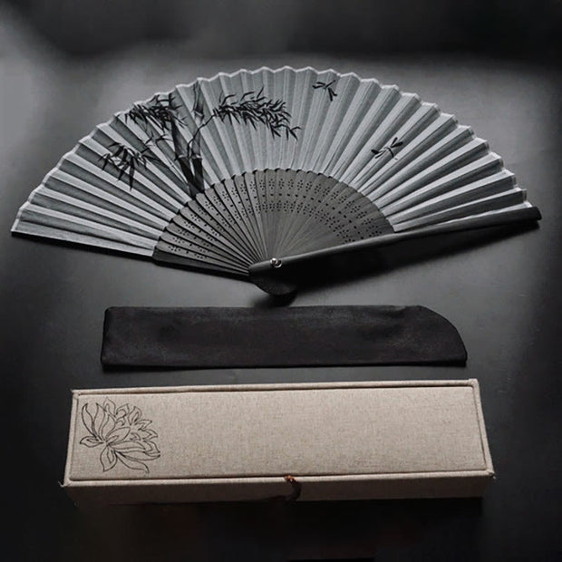 Buddha Stones Ink Bamboo Polyester Handheld Bamboo Folding Fan