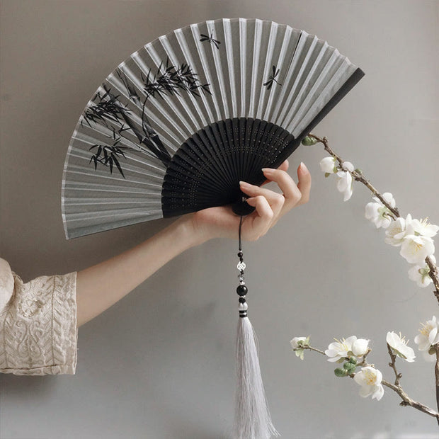 Buddha Stones Ink Bamboo Polyester Handheld Bamboo Folding Fan