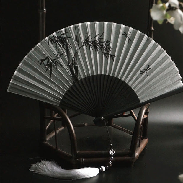 Buddha Stones Ink Bamboo Polyester Handheld Bamboo Folding Fan Folding Fan BS 2