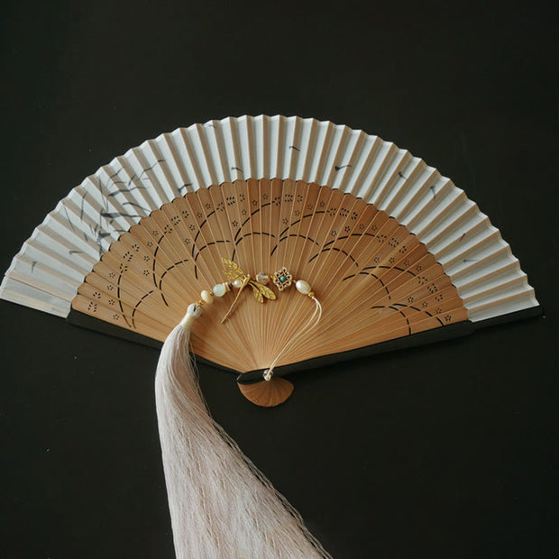 Buddha Stones Dragonfly Hollow Polyester Handheld Bamboo Folding Fan