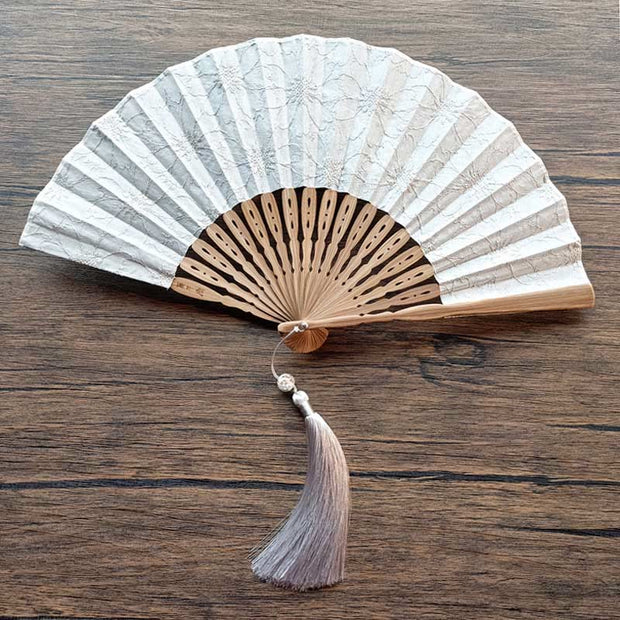 Buddha Stones Solid Color Hollow Flowers Embroidery Cotton Fabric Handheld Bamboo Folding Fan Folding Fan BS Gray-Green (Flower Embroidery)-21cm