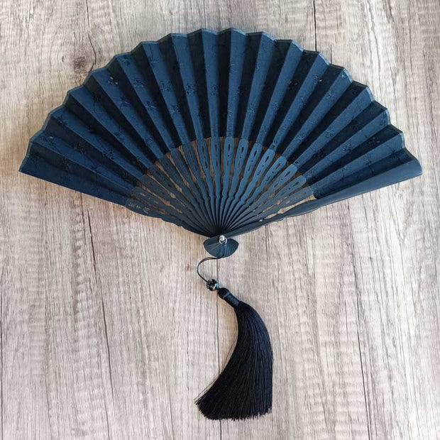 Buddha Stones Solid Color Hollow Flowers Embroidery Cotton Fabric Handheld Bamboo Folding Fan Folding Fan BS Black (Flower Embroidery Black Ribs)-21cm