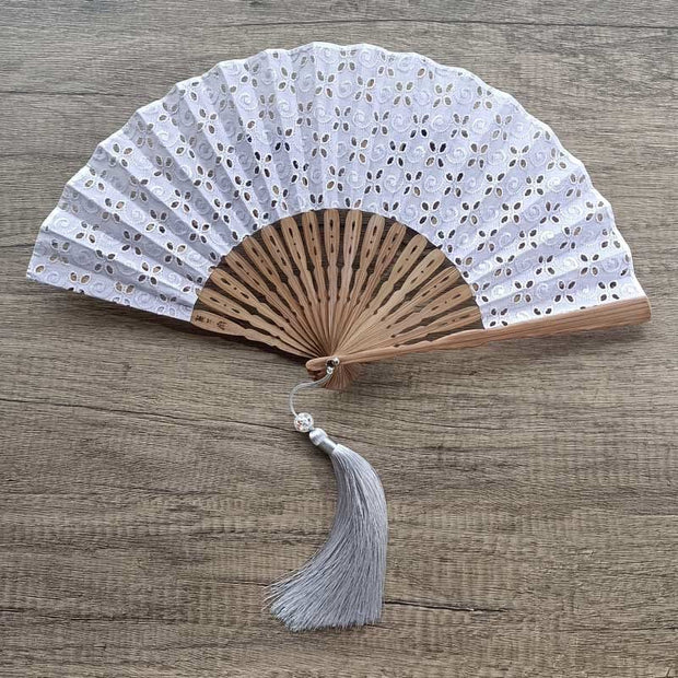 Buddha Stones Solid Color Hollow Flowers Embroidery Cotton Fabric Handheld Bamboo Folding Fan Folding Fan BS Gray-Purple (Four-Leaf Clover Embroidery)-21cm