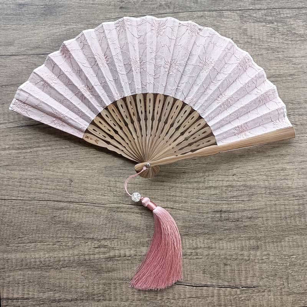 Buddha Stones Solid Color Hollow Flowers Embroidery Cotton Fabric Handheld Bamboo Folding Fan Folding Fan BS Lotus Pink (Flower Embroidery)-21cm