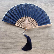 Buddha Stones Solid Color Hollow Flowers Embroidery Cotton Fabric Handheld Bamboo Folding Fan