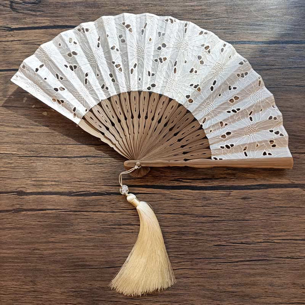 Buddha Stones Solid Color Hollow Flowers Embroidery Cotton Fabric Handheld Bamboo Folding Fan Folding Fan BS 1