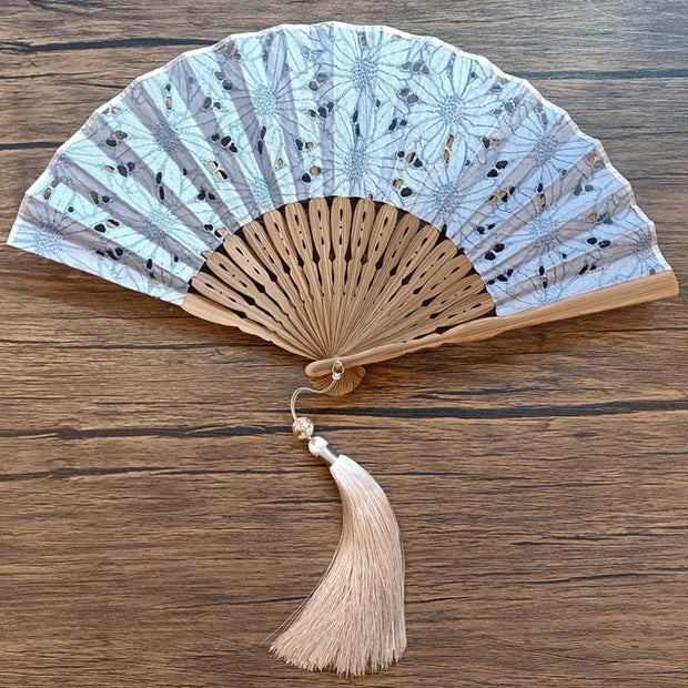 Buddha Stones Solid Color Hollow Flowers Embroidery Cotton Fabric Handheld Bamboo Folding Fan Folding Fan BS Gray-Blue (Flower Hollowing)-21cm