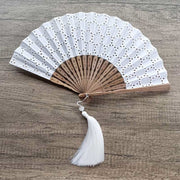 Buddha Stones Solid Color Hollow Flowers Embroidery Cotton Fabric Handheld Bamboo Folding Fan