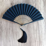 Buddha Stones Solid Color Hollow Flowers Embroidery Cotton Fabric Handheld Bamboo Folding Fan