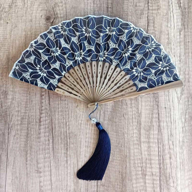 Buddha Stones Solid Color Hollow Flowers Embroidery Cotton Fabric Handheld Bamboo Folding Fan Folding Fan BS Dark Blue (White Flower Embroidery)-21cm