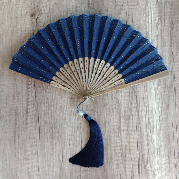 Buddha Stones Solid Color Hollow Flowers Embroidery Cotton Fabric Handheld Bamboo Folding Fan