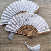 Buddha Stones Solid Color Hollow Flowers Embroidery Cotton Fabric Handheld Bamboo Folding Fan Folding Fan BS 20