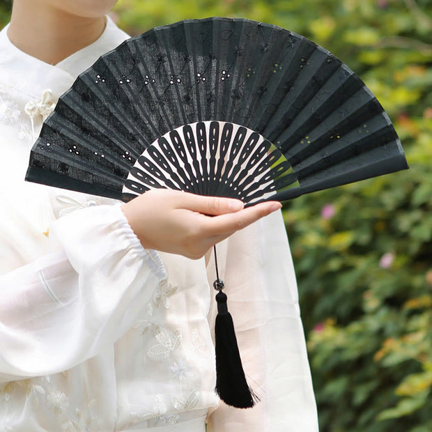 Buddha Stones Solid Color Hollow Flowers Embroidery Cotton Fabric Handheld Bamboo Folding Fan Folding Fan BS 27