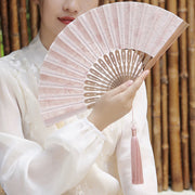 Buddha Stones Solid Color Hollow Flowers Embroidery Cotton Fabric Handheld Bamboo Folding Fan Folding Fan BS 15