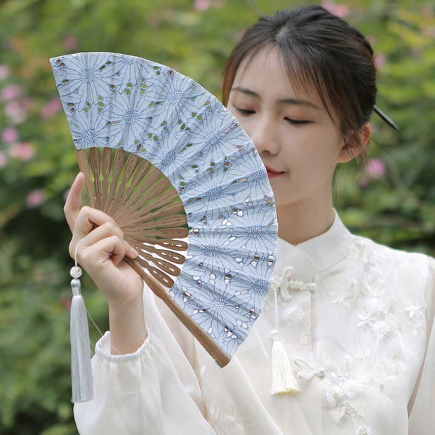 Buddha Stones Solid Color Hollow Flowers Embroidery Cotton Fabric Handheld Bamboo Folding Fan Folding Fan BS 5