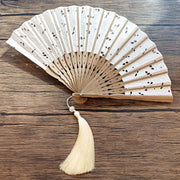 Buddha Stones Solid Color Hollow Flowers Embroidery Cotton Fabric Handheld Bamboo Folding Fan Folding Fan BS 2