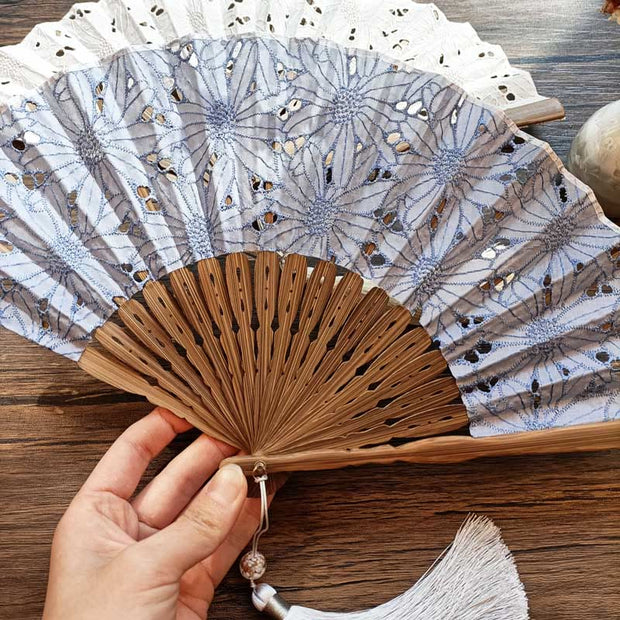 Buddha Stones Solid Color Hollow Flowers Embroidery Cotton Fabric Handheld Bamboo Folding Fan Folding Fan BS 4