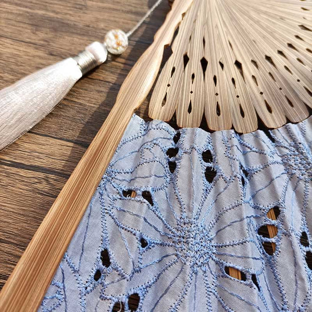 Buddha Stones Solid Color Hollow Flowers Embroidery Cotton Fabric Handheld Bamboo Folding Fan Folding Fan BS 8