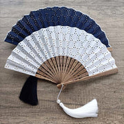 Buddha Stones Solid Color Hollow Flowers Embroidery Cotton Fabric Handheld Bamboo Folding Fan Folding Fan BS 21