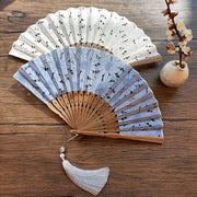 Buddha Stones Solid Color Hollow Flowers Embroidery Cotton Fabric Handheld Bamboo Folding Fan Folding Fan BS 9