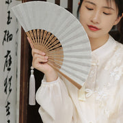 Buddha Stones Solid Color Hollow Flowers Embroidery Cotton Fabric Handheld Bamboo Folding Fan Folding Fan BS 12