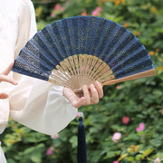 Buddha Stones Solid Color Hollow Flowers Embroidery Cotton Fabric Handheld Bamboo Folding Fan Folding Fan BS 24