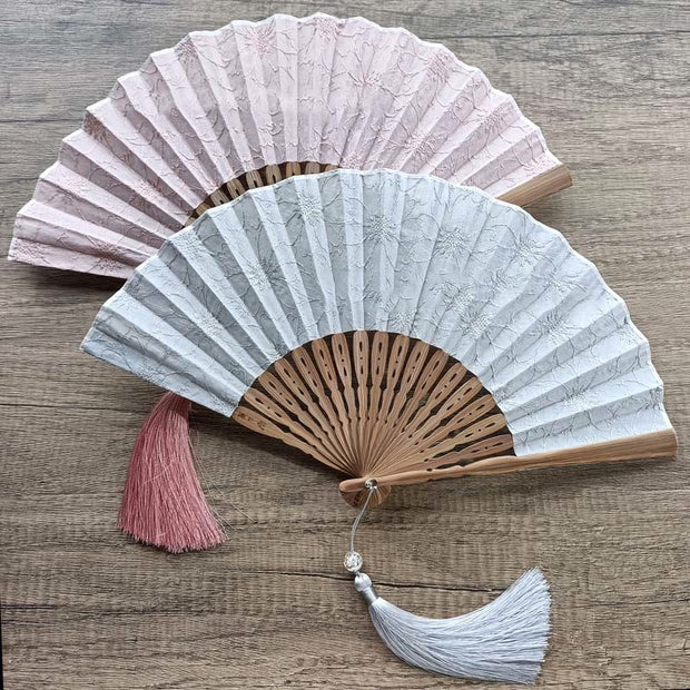 Buddha Stones Solid Color Hollow Flowers Embroidery Cotton Fabric Handheld Bamboo Folding Fan Folding Fan BS 16