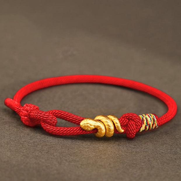 Buddha Stones 999 Gold Year of the Snake Design Handmade Luck Protection Rope Braided Bracelet Bracelet BS Red 17-19cm Gold 0.48g