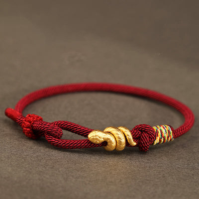 Buddha Stones 999 Gold Year of the Snake Design Handmade Luck Protection Rope Braided Bracelet (Extra 30% Off | USE CODE: FS30) - Dark Red - 17-19cm - Gold 0.48g - image 0