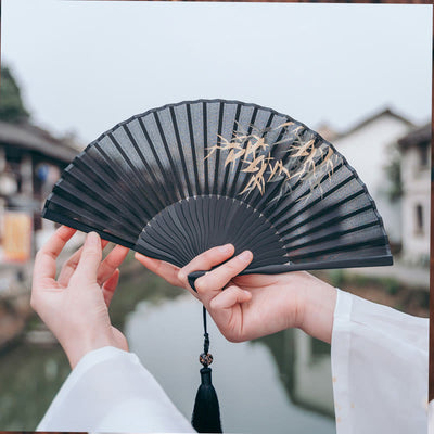 Buddha Stones Black Bamboo Leaf Print Silk Handheld Bamboo Folding Fan