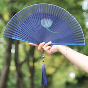 Buddha Stones Peony Flowers Silk Handheld Bamboo Folding Fan Folding Fan BS Blue Peony 21cm