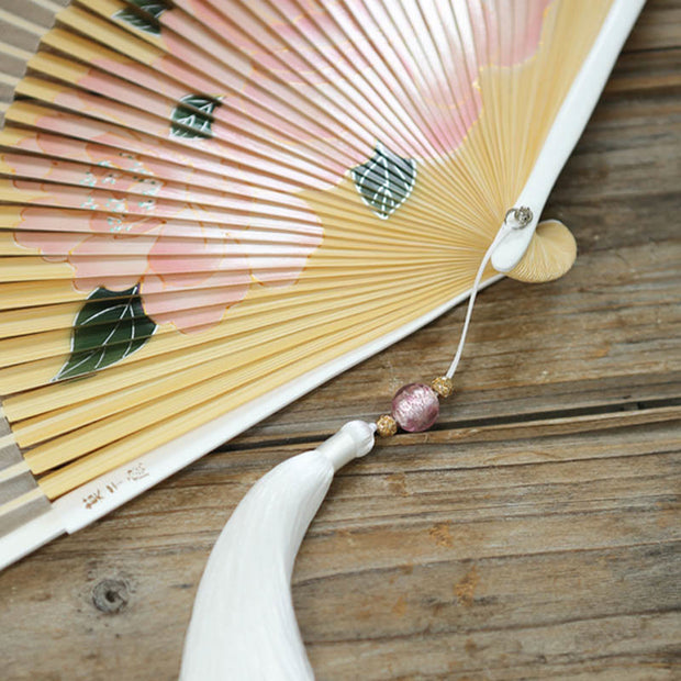 Buddha Stones Peony Flowers Silk Handheld Bamboo Folding Fan Folding Fan BS 10