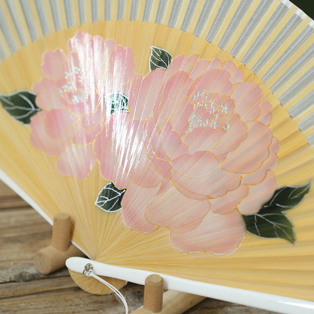 Buddha Stones Peony Flowers Silk Handheld Bamboo Folding Fan Folding Fan BS 9