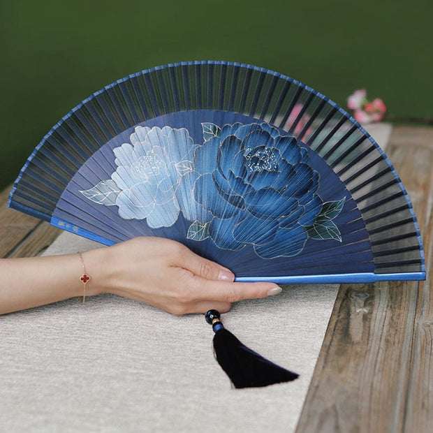 Buddha Stones Peony Flowers Silk Handheld Bamboo Folding Fan Folding Fan BS 3